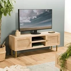 MACABANE ADELE - Meuble TV 2 Niches 2 Portes Toile De Jute Pieds Métal Doré - Beige -MACABANE Elegant store 18338969 4