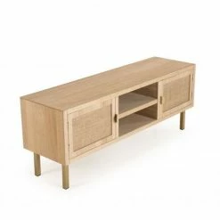 MACABANE ADELE - Meuble TV 2 Niches 2 Portes Toile De Jute Pieds Métal Doré - Beige -MACABANE Elegant store 18338969 5