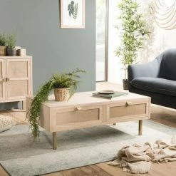 MACABANE ADELE - Table Basse 2 Tiroirs Toile De Jute Pieds Métal Doré - Beige