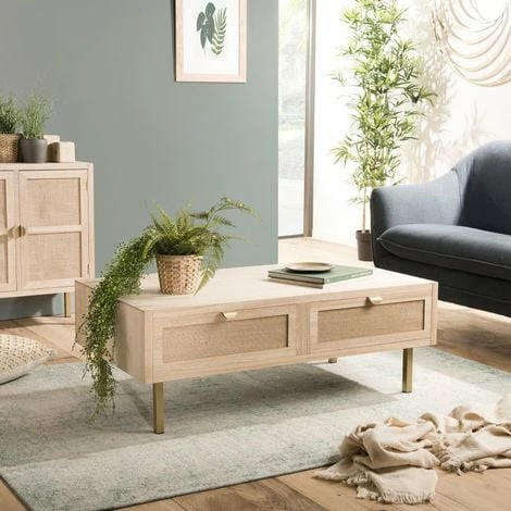 MACABANE ADELE - Table Basse 2 Tiroirs Toile De Jute Pieds Métal Doré - Beige 3 MACABANE ADELE - Table Basse 2 Tiroirs Toile De Jute Pieds Métal Doré - Beige