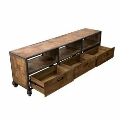 MACABANE ALIDA - Meuble TV à Roulettes Marron 3 Tiroirs 3 Niches Teck Recyclé Et Métal Noir - Brun -MACABANE Elegant store 18400606 3