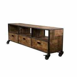 MACABANE ALIDA - Meuble TV à Roulettes Marron 3 Tiroirs 3 Niches Teck Recyclé Et Métal Noir - Brun -MACABANE Elegant store 18400606 4