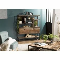 MACABANE ALIDA - Étagère Marron 2 Tiroirs Et 7 Niches Teck Recyclé Acacia Mahogany Recyclé Et Métal Noir - Brun