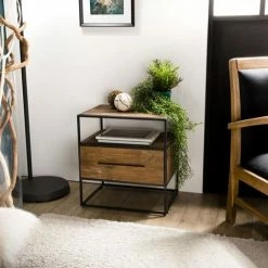 MACABANE ALIDA - Table D'appoint Marron 1 Tiroir 1 étagère Teck Recyclé Et Métal Noir - Brun