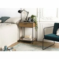 MACABANE CLEMENCE - Chevet 1 Tiroir 1 étagère Bois Teck Et Métal - Naturel