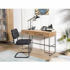 MACABANE CLEMENCE - Bureau 2 Tiroirs Bois Teck Pieds Métal Noir - Naturel