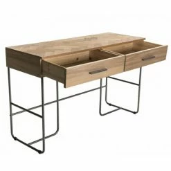 MACABANE CLEMENCE - Bureau 2 Tiroirs Bois Teck Pieds Métal Noir - Naturel -MACABANE Elegant store 18400620 4