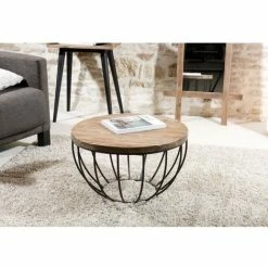 MACABANE ALIDA - Table Basse Coque Ronde 60x60cm Plateau Teck Recyclé Piétement Métal Noir - Brun