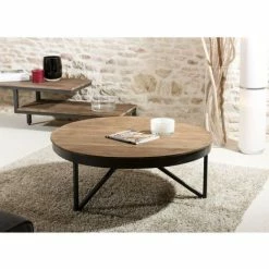 MACABANE ALIDA - Table Basse Ronde 90x90cm Plateau Teck Recyclé Pied Métal Noir - Brun