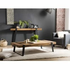 MACABANE ALIDA - Table Basse Rectangulaire 140x70cm Plateau Teck Recyclé Pieds Inclinés Métal Noir - Brun