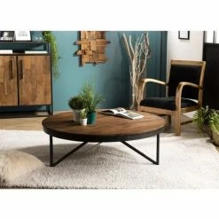 MACABANE ALIDA - Table Basse Ronde Marron 110x110cm Plateau Teck Recyclé Pieds Métal - Brun