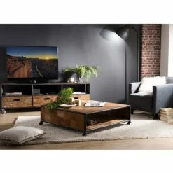 MACABANE ALIDA - Table Basse Carrée Marron à Roulettes 100x100cm 1 étagère Teck Recyclé Et Métal Noir - Brun