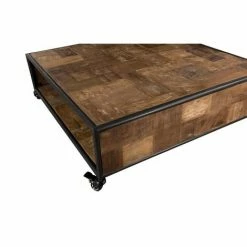 MACABANE ALIDA - Table Basse Carrée Marron à Roulettes 100x100cm 1 étagère Teck Recyclé Et Métal Noir - Brun -MACABANE Elegant store 18544712 4