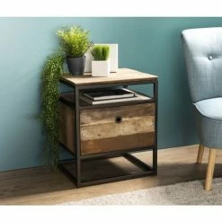 MACABANE ALIDA - Table Chevet D'appoint Avec Tablette 1 Tiroir Teck Recyclé Acacia Mahogany Recyclé Et Métal Noir - Brun