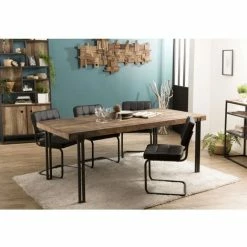 MACABANE ALIDA - Table à Manger Rectangulaire 200x90cm Teck Recyclé Acacia Mahogany Recyclé Pieds Métal Noir - Brun