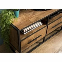 MACABANE ALIDA - Meuble TV Marron 3 Niches 3 Tiroirs Teck Recyclé Et Métal Noir - Brun -MACABANE Elegant store 18639397 3