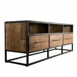 MACABANE ALIDA - Meuble TV Marron 3 Niches 3 Tiroirs Teck Recyclé Et Métal Noir - Brun -MACABANE Elegant store 18639397 5