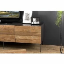 MACABANE MADISON - Meuble TV 2 Portes 1 Tiroir Bois Teck Recyclé Métal Et Pieds Métal Gris Anthracite - Bois Naturel ; Métal Polyuréthane Noir -MACABANE Elegant store 18778408 3