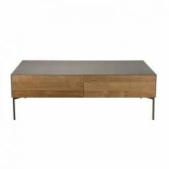 MACABANE MADISON - Table Basse Rectangulaire 111x60cm 2 Tiroirs Bois Teck Recyclé Métal Et Pieds Métal Gris Anthracite - Bois Naturel ; Métal Vernis Polyuréthane Noir -MACABANE Elegant store 18778413 2