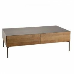 MACABANE MADISON - Table Basse Rectangulaire 111x60cm 2 Tiroirs Bois Teck Recyclé Métal Et Pieds Métal Gris Anthracite - Bois Naturel ; Métal Vernis Polyuréthane Noir -MACABANE Elegant store 18778413 5
