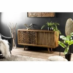 MACABANE IRENE - Buffet Bois Manguier 160x45cm 2 Portes Coulissantes 1 étagère Jaipur - Naturel