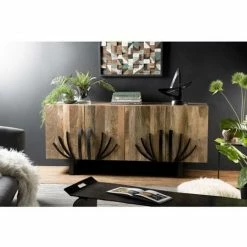 MACABANE IRENE - Buffet Bois Manguier 177x45cm 4 Portes 2 étagères Déco Branches Pieds Métal Bangalore - Naturel