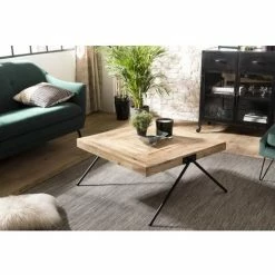 MACABANE ROBIN - Table Basse Carrée Bois Manguier Pieds Métal Noir 'COMPAS' - Naturel