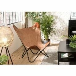 MACABANE ROBIN - Chaise Butterfly Marron Toile Et Cuir Pieds Métal Noir - Marron