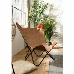 MACABANE ROBIN - Chaise Butterfly Marron Toile Et Cuir Pieds Métal Noir - Marron -MACABANE Elegant store 18969359 3