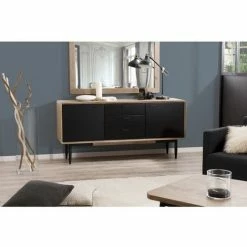 MACABANE AGATHE - Buffet 3 Tiroirs 2 Portes Bois Chêne Et Métal Noir - Chêne Clair Cérusé Et Noir