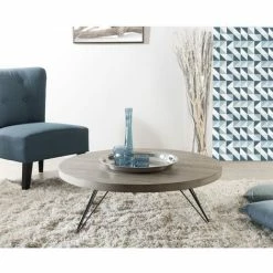 MACABANE FLEUR - Table Basse Ronde 90x90cm Plateau Bois Gris Pieds Métal Scandi Noir - Naturel