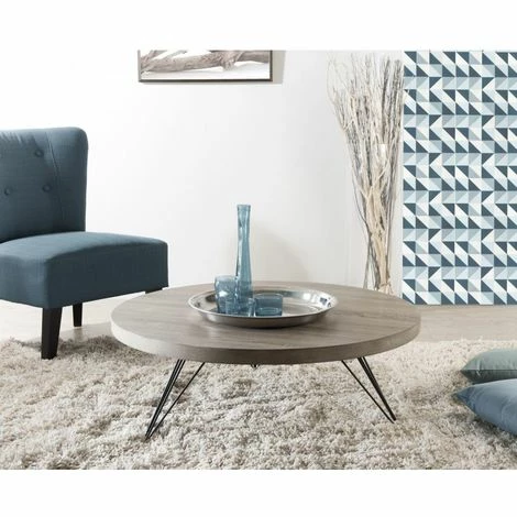 MACABANE FLEUR - Table Basse Ronde 90x90cm Plateau Bois Gris Pieds Métal Scandi Noir - Naturel 3 MACABANE FLEUR - Table Basse Ronde 90x90cm Plateau Bois Gris Pieds Métal Scandi Noir - Naturel