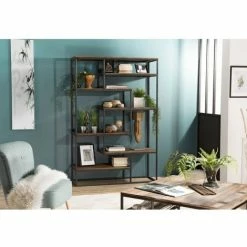 MACABANE ALIDA - Étagère Recto-Verso En Décalé 120x40x180cm Teck Recyclé Métal Noir - Brun