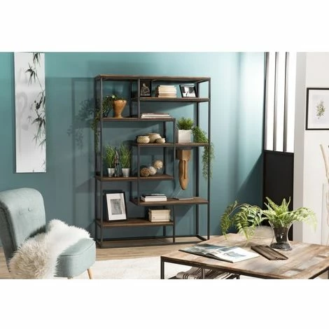 MACABANE ALIDA - Étagère Recto-Verso En Décalé 120x40x180cm Teck Recyclé Métal Noir - Brun 3 MACABANE ALIDA - Étagère Recto-Verso En Décalé 120x40x180cm Teck Recyclé Métal Noir - Brun