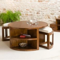 MACABANE EDEN - Table Basse Ronde Marron 2 Tabourets Avec Coussins écrus Bois Mindi - Chocolat