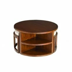 MACABANE EDEN - Table Basse Ronde Marron 2 Tabourets Avec Coussins écrus Bois Mindi - Chocolat -MACABANE Elegant store 19685013 3