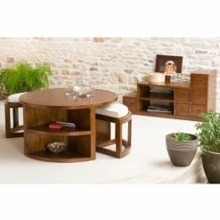 MACABANE EDEN - Table Basse Ronde Marron 2 Tabourets Avec Coussins écrus Bois Mindi - Chocolat -MACABANE Elegant store 19685013 4
