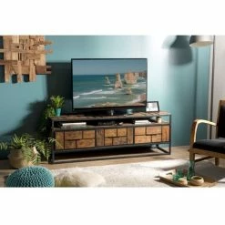 MACABANE ALIDA - Meuble TV 3 Tiroirs 1 étagère Teck Recyclé Métal Noir - Brun