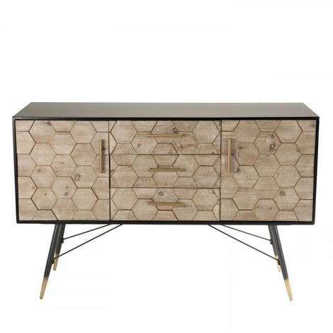 MACABANE DALIE - Buffet Noir 2 Portes 3 Tiroirs Scandi Bois Sapin Marqueté Pieds Métal Doré - Noir 4 MACABANE DALIE - Buffet Noir 2 Portes 3 Tiroirs Scandi Bois Sapin Marqueté Pieds Métal Doré - Noir – Image 2