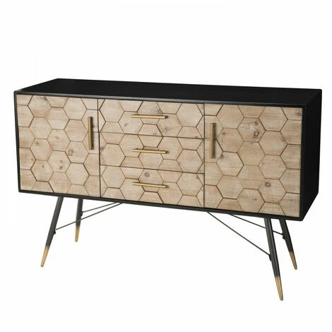 MACABANE DALIE - Buffet Noir 2 Portes 3 Tiroirs Scandi Bois Sapin Marqueté Pieds Métal Doré - Noir 6 MACABANE DALIE - Buffet Noir 2 Portes 3 Tiroirs Scandi Bois Sapin Marqueté Pieds Métal Doré - Noir – Image 4
