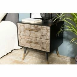 MACABANE DALIE - Chevet Noir 2 Tiroirs Scandi Bois Sapin Marqueté Pieds Métal Doré - Noir -MACABANE Elegant store 20036988 4