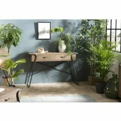 MACABANE HABY - Console 2 Tiroirs Plateau Naturel Sapin Marqueté Pieds Métal - Anthracite