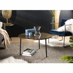 MACABANE JONAS - Table Basse Ronde 80x80cm Plateau Aluminium Doré Pieds Noirs - Doré