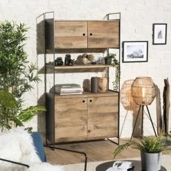 MACABANE ANDREA - Bibliothèque 4 Portes 1 étagère Bois Pin Recyclé Naturel Et Métal Noir - Brun