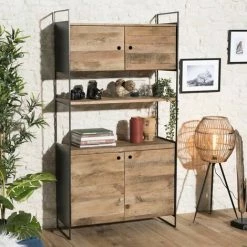 MACABANE ANDREA - Bibliothèque 4 Portes 1 étagère Bois Pin Recyclé Naturel Et Métal Noir - Brun -MACABANE Elegant store 27206555 4