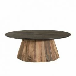 MACABANE ANDREA - Table Basse Ronde 90x90cm Bois Pin Recyclé Plateau Noir Piétement Naturel - Brun -MACABANE Elegant store 27206556 2