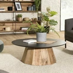 MACABANE ANDREA - Table Basse Ronde 90x90cm Bois Pin Recyclé Plateau Noir Piétement Naturel - Brun -MACABANE Elegant store 27206556 4