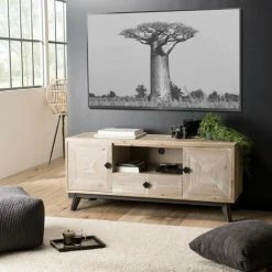 MACABANE ANDRO - Meuble TV Beige Scandi 2 Portes 1 Tiroir 1 Niche Pieds Noirs - Blanchie -MACABANE Elegant store 27206562 4