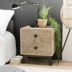 MACABANE ANDRO - Chevet Beige Scandi 2 Tiroirs Pieds Noirs Sapin - Blanchie
