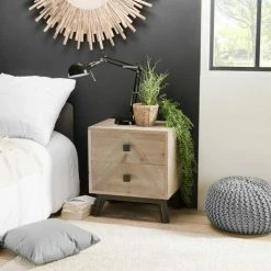 MACABANE ANDRO - Chevet Beige Scandi 2 Tiroirs Pieds Noirs Sapin - Blanchie -MACABANE Elegant store 27206563 4